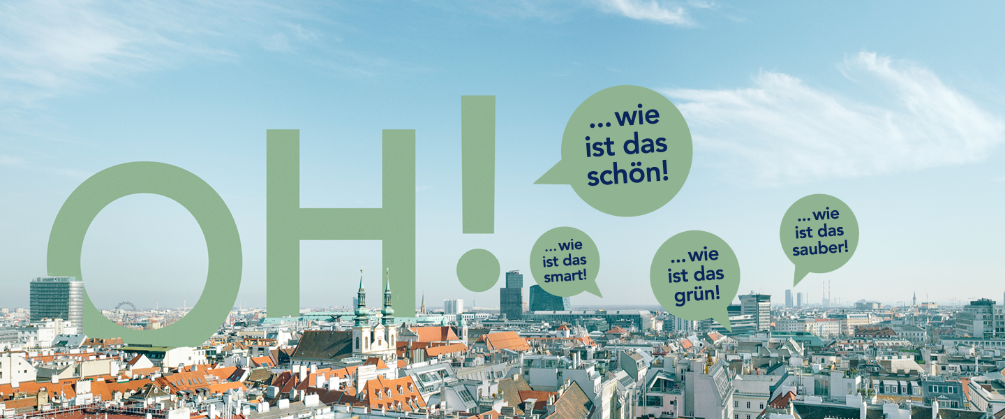 Panoramabild Wiens mit Sprechblasen zu Leistungen von immOH! 
